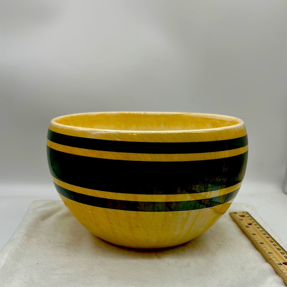 Vintage Pottery/Ceramic Green Striped Glazed Bowl-Holds 128 ozs (1 gal.)